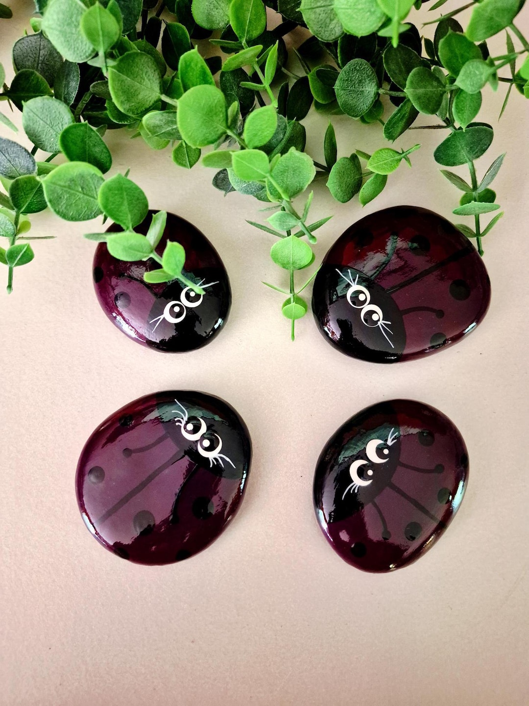 Hand Painted Ladybug Rock, Black Cherry Resin Coated, 'lori Rocks' - Etsy
