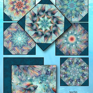 May include: A collection of pre-cut kaleidoscope quilt blocks featuring a Sea Fish pattern. The fabric displays vibrant, multi-colored betta fish with flowing fins, bubbles, and aquatic elements in shades of teal, blue, pink, and orange. Text reads Sea Fish Pre-Cut Kaleidoscope Quilt Blocks www.labfabrics.com.