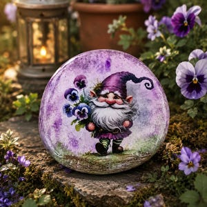 May include: A round, decorative garden stone featuring a whimsical gnome holding a bouquet of purple pansies. The gnome wears a purple hat and outfit. The stone has a lavender background and is surrounded by real flowers and greenery.