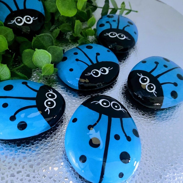 Ladybug Painted Stone, Anyday Cheer Up Gift, Ideal for Friends & Coworkers, Pet Rock, Blue Ladybug Painted bug, Rock Painting, Ladybug Rocks