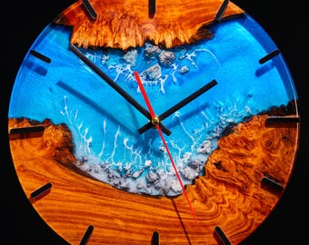 Mediterranean Wave Wall Clock - Olive Wood & Ocean Blue Masterpiece