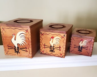 Vintage Set 3 Nesting Mid Cen Wood Canisters HP White Roosters Redbird Japan 1950's Farmhouse Country
