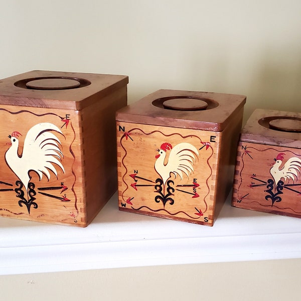 Vintage Set 3 Nesting Mid Cen Wood Canisters HP White Roosters Redbird Japan 1950's Farmhouse Country