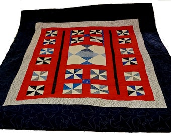 Patriotic Red White Blue Twin Cotton Patchwork Quilt Modified Pinwheel Block Bed Spread Covering Bedroom Linens