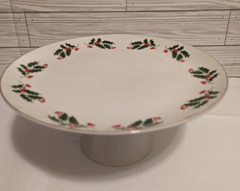 White Ceramic Pedestal Cake Stand Holly Border Design Christmas Holiday Serving Piece Tableware