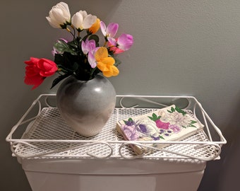 Vintage White Coated Wire Vanity Tray Shelf Reticulated Metal w Curlicues