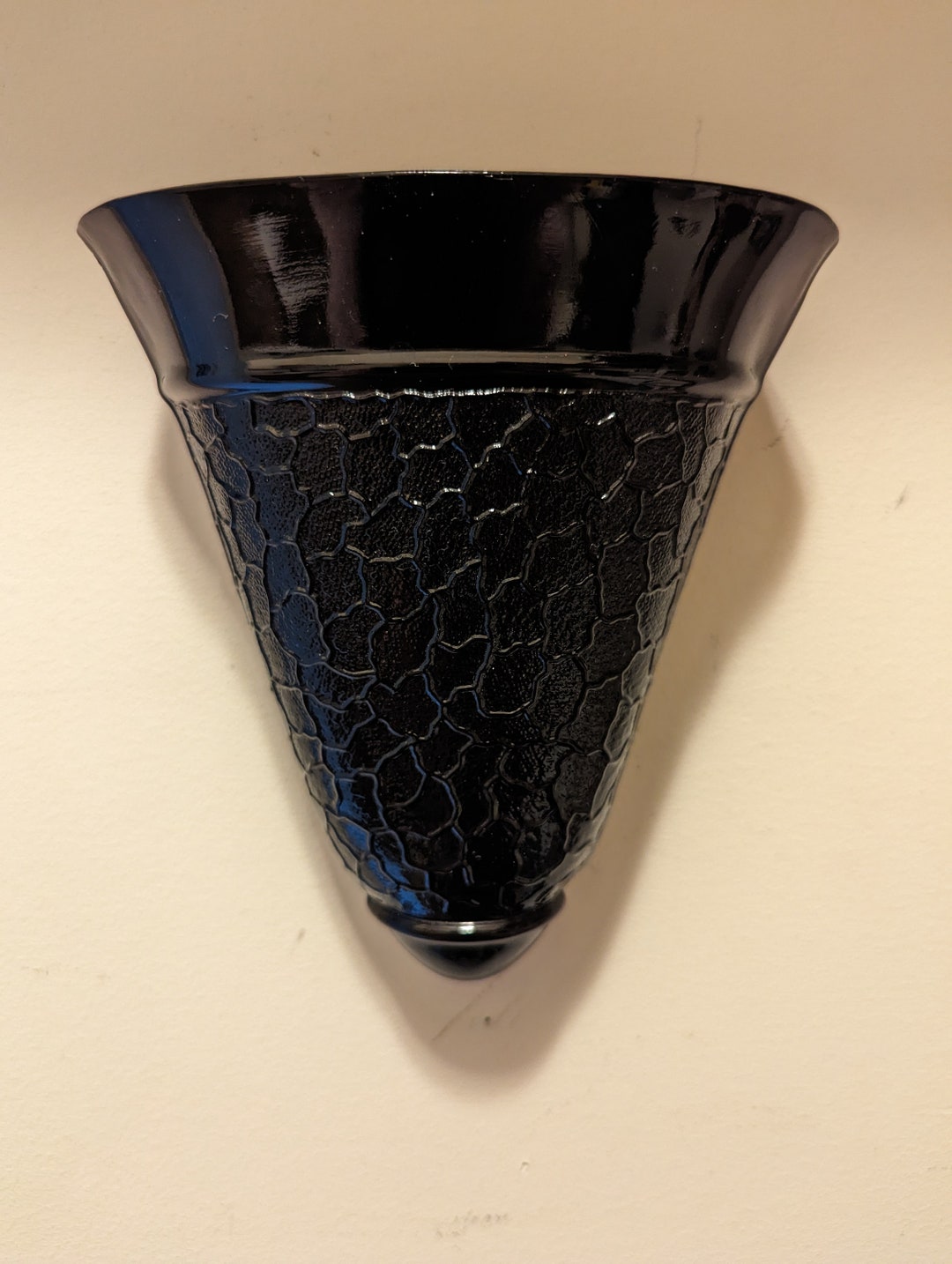 Vintage 1920s Black Glass Wall Pocket Vase Crackle Mold Pattern Art