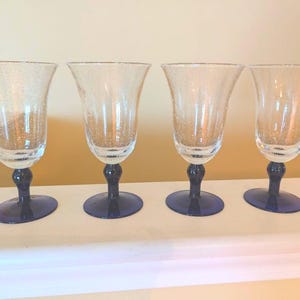 Set 4 VTG Bubbled Glass Goblets Clear Top Cobalt Blue Stems Wine Rocks Cocktail