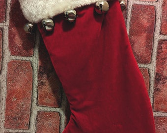 Lg Red Velvet Christmas Holiday Stocking w Lg Jingle Bells Around White Plush Cuff VGC
