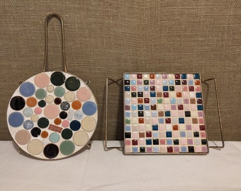 Mosaic Tile Trivets 1960s Finished Craft Round and Square Choice of Ttwo