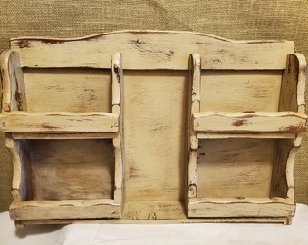 VTG Quaint Retro Shabby Distressed off-White Wood   Knickknack Spice Shelf 5 Cubbies