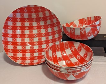 7-Pc Salad Set Red Gingham Check Plastic Perfect for Picnics Camp Cottage