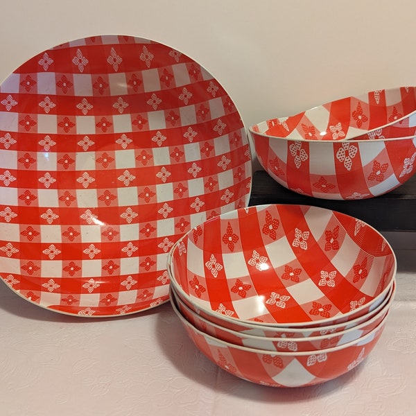 7-Pc Salad Set Red Gingham Check Plastic Perfect for Picnics Camp Cottage