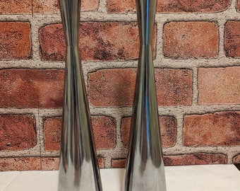 Polished Aluminum Danish Modern Hourglass Shape Mid Century Candleholders Candlesticks