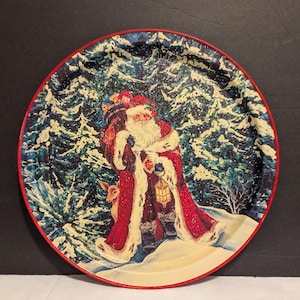 VTG Prettique Metal Christmas Holiday Cookie Tray Kringle Father Christmas Santa w Deer and Toys