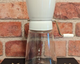 Crank-Type Small Nut Grinder All White Top w Clear Glass Base 1970s Kitchen Necessity for Chopping Baking Cooking