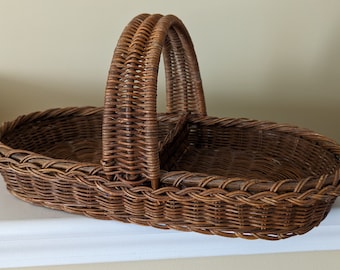 Unique Shape Flat Divided Vintage Basket Woven Wicker Rustic Farmhouse Country Gift