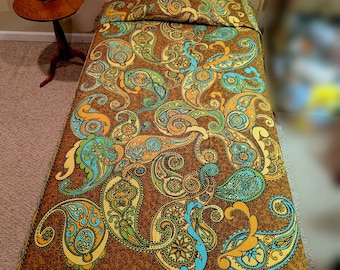 Retro Bates Boho Gold Yellow Blue Green Big Paisley Print Bedspread DBL