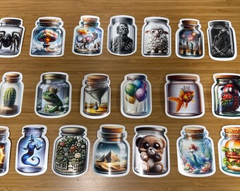 20pcs waterproof stickers- 20 diffrent items in a jar from animals to people - Kids adults - use on water bottles laptops - removable