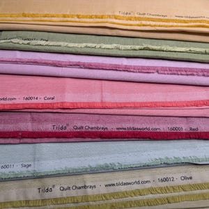 Tilda Fabrics Chambray Fabric by the Yard, Woven Cotton for Quilting, Sewing, Patchwork Crafts, Greens, Blush, Yellow, Coral, Sage