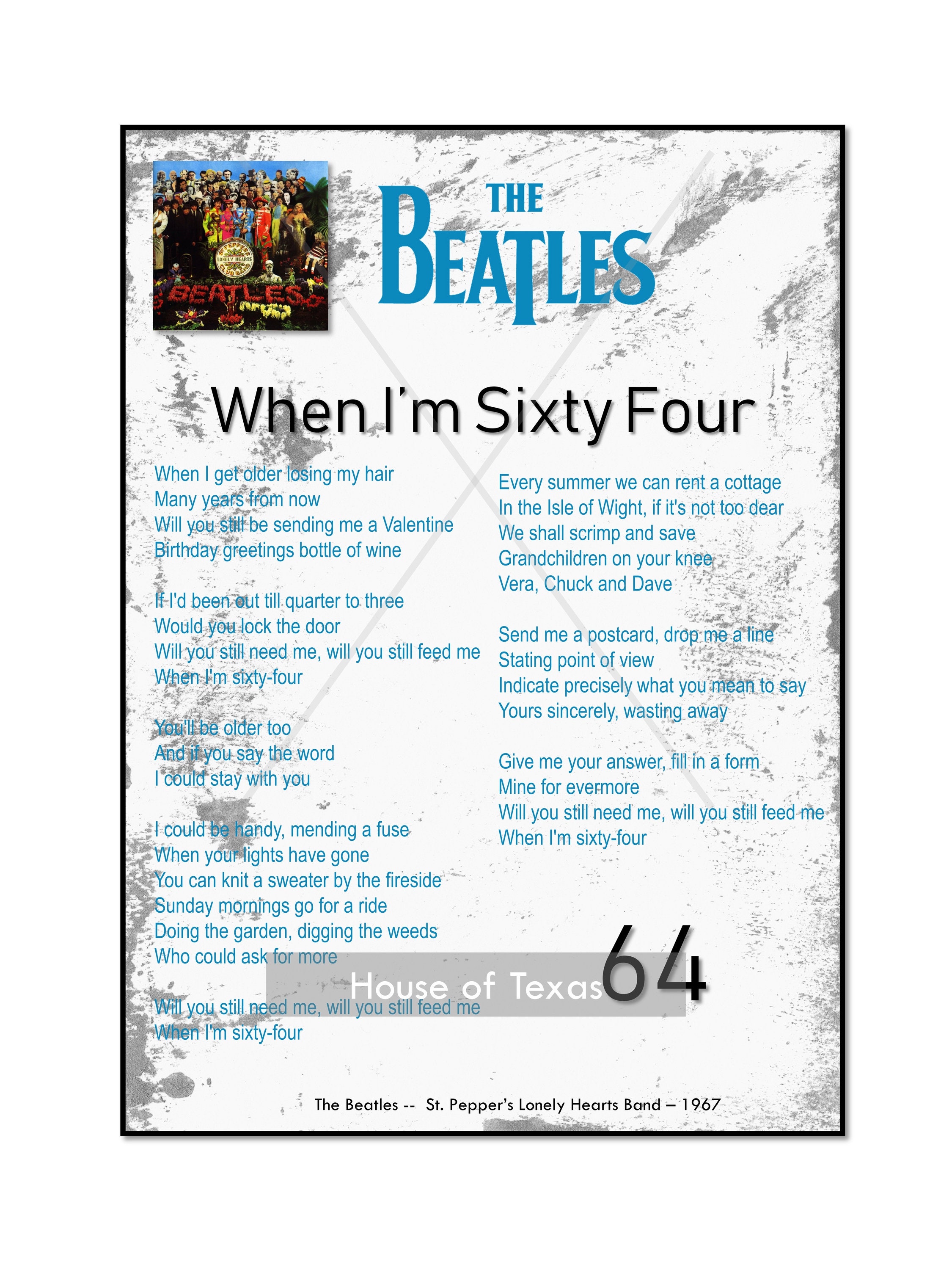 When I M Sixty Four Print The Beatles Beatles Lyrics Etsy