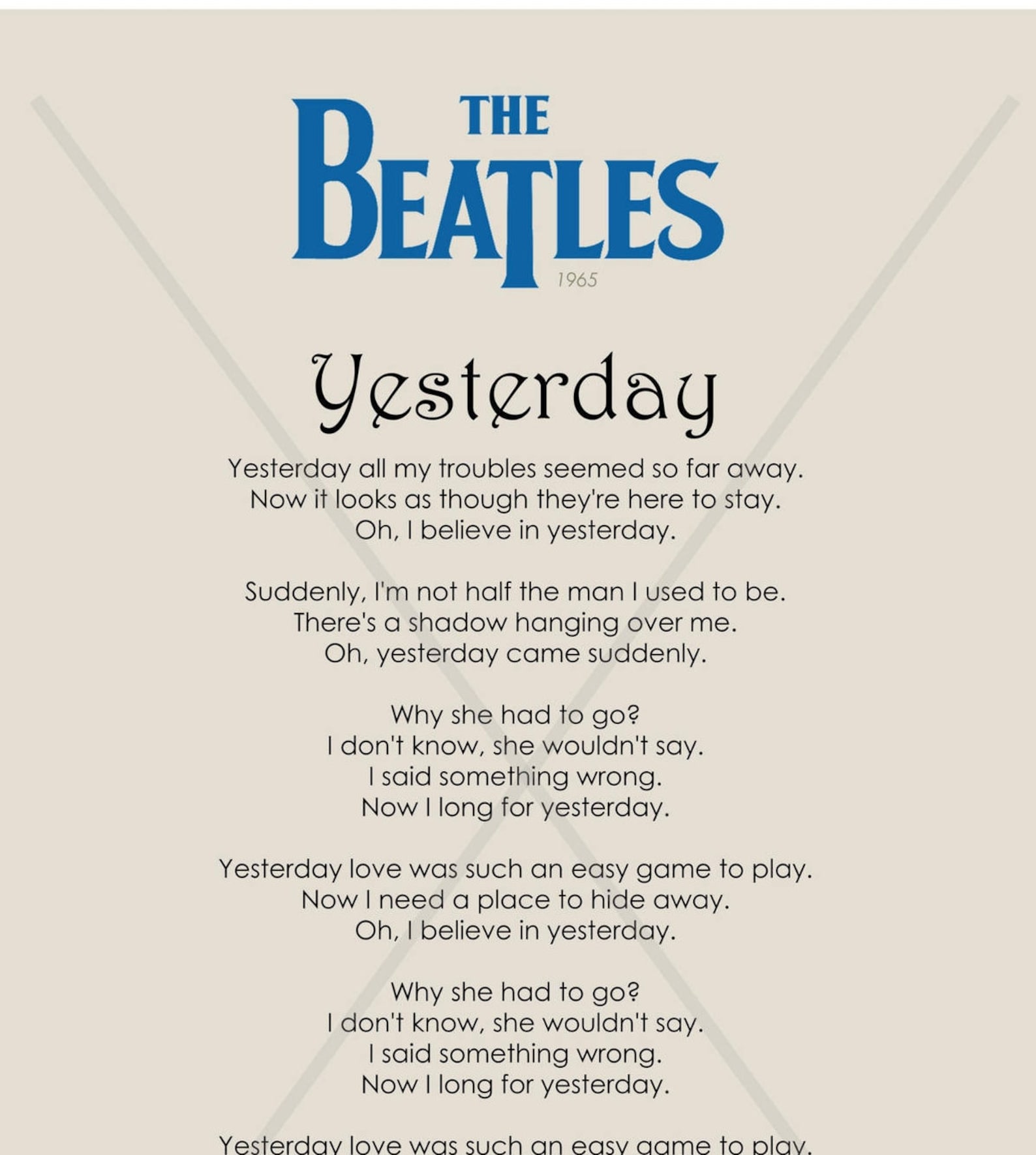 Yesterday. Please Yesterday Print - the Beatles - Beatles Lyrics - From the Singles ...