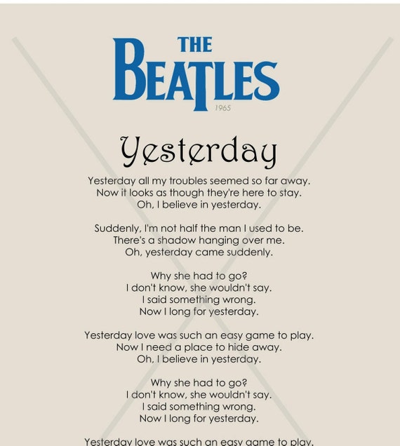 Yesterday Print The Beatles Beatles Lyrics From the | Etsy