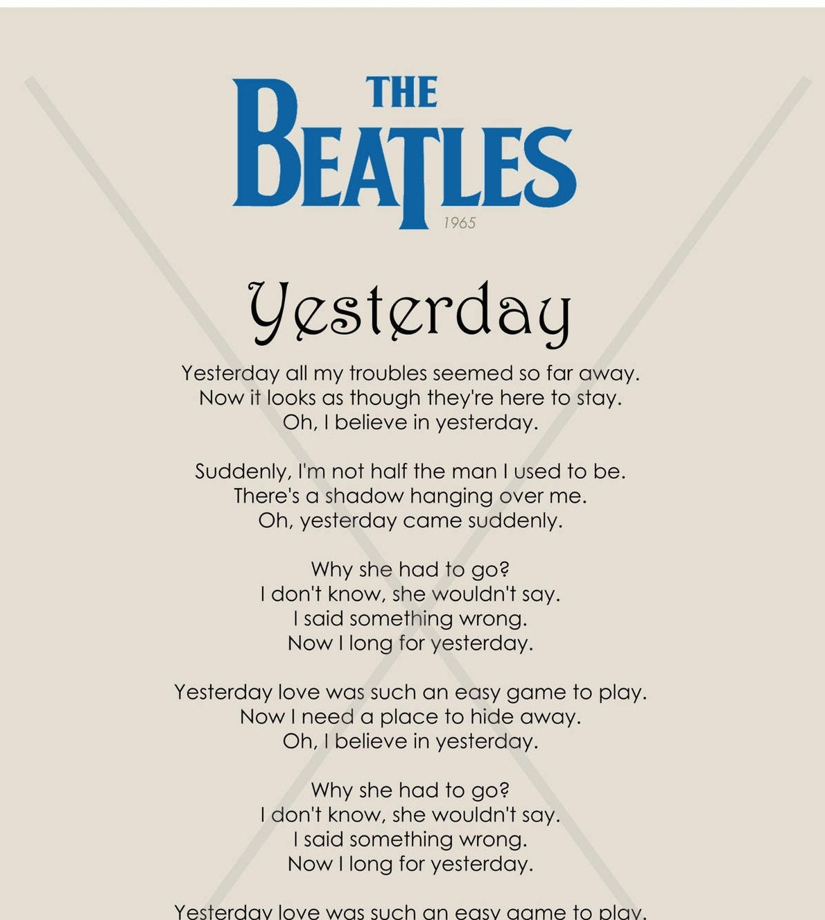 Yesterday Print The Beatles Beatles Lyrics Aus der Singles