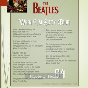 When I&#39;m Sixty Four Print - The Beatles - Beatles Lyrics - From Sgt Pepper Album - Beatles Gift - Beatles Gift - Beatles Quotes - Beatles