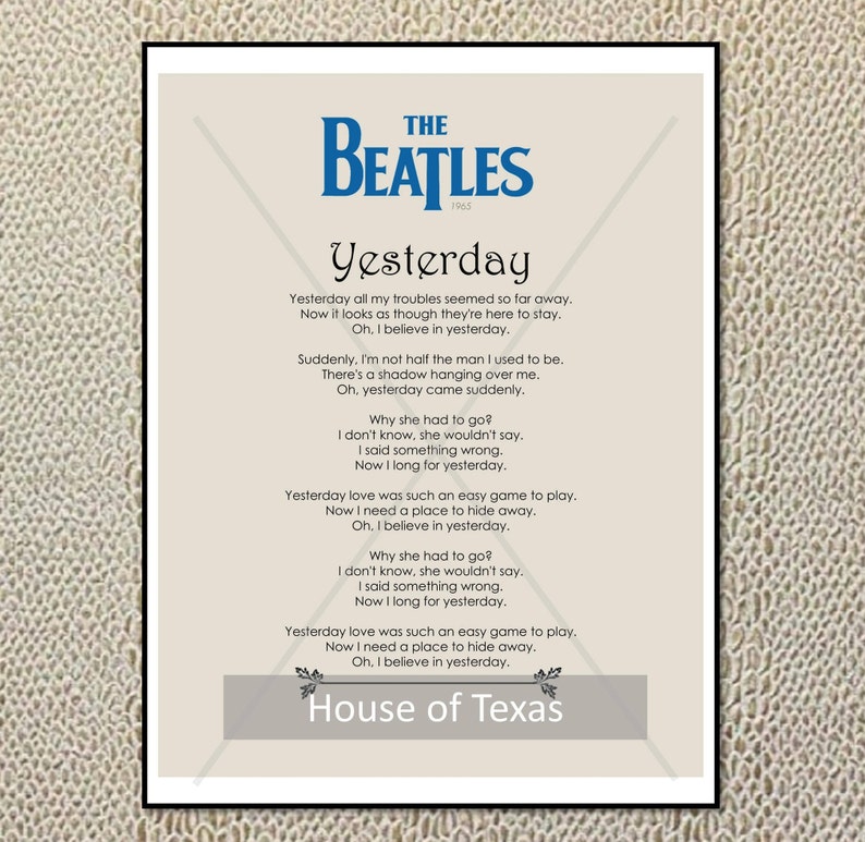 Yesterday Print - the Beatles - Beatles Lyrics - From the Singles ...