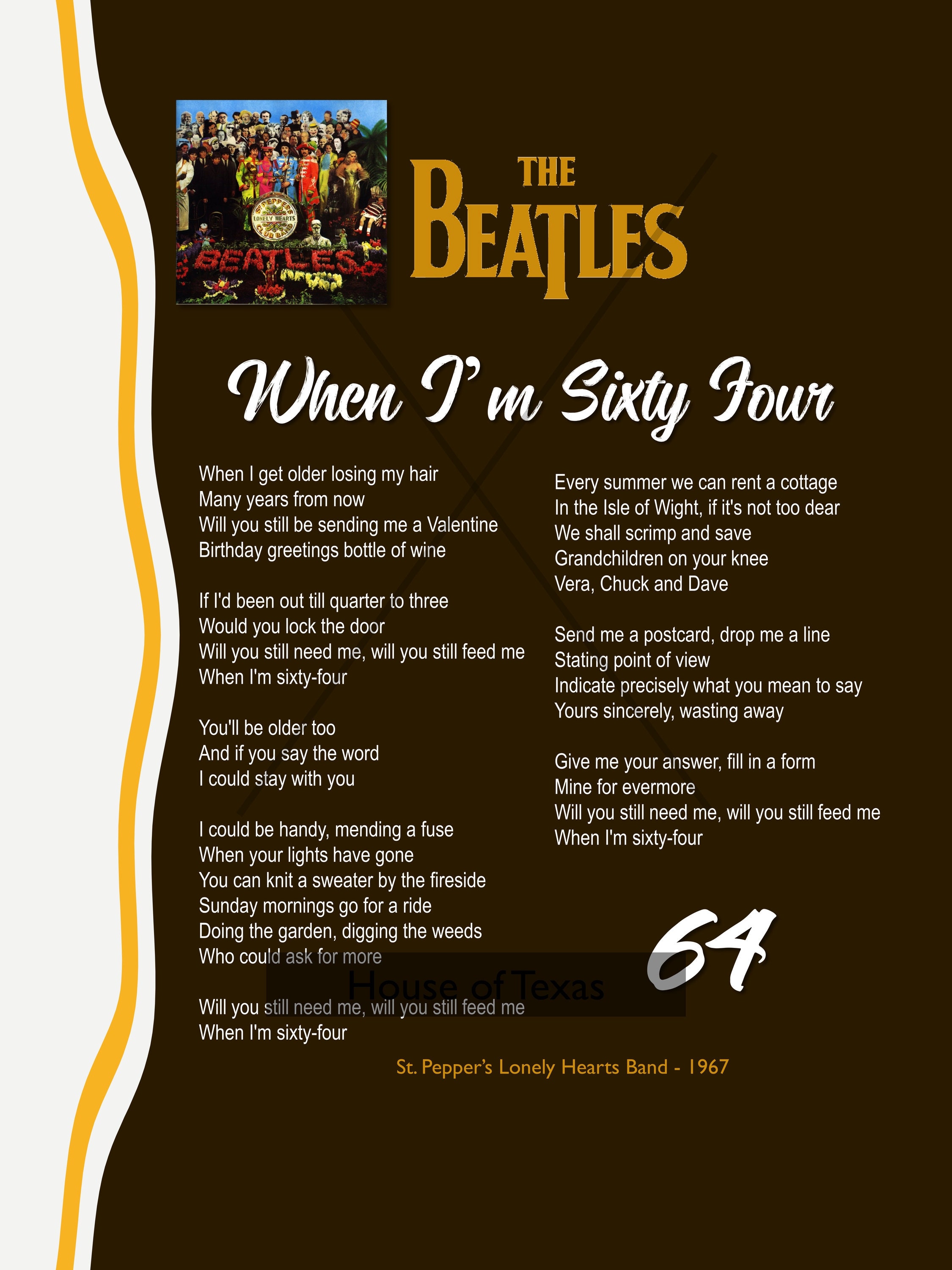 When I M Sixty Four Print The Beatles Beatles Lyrics Etsy