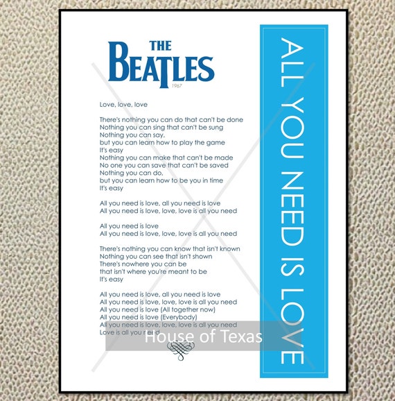 All You Need Is Love Print - The Beatles - Beatles Lyrics - From Magical  Mystery Tour Album - Beatles Gift - Beatles Gift - Beatles Quotes