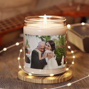 A Custom Photo Candle. Features Example Of Grandfather Hugging Bride. A Family Photo Gift Or Personalized Photo Birthday Gift. A Scented Candle Anniversary Gift. A Picture Candle Graduation Gift Idea. A Long Distance Boyfriend Gift.