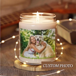 A Custom Photo Candle. Features Example Of Girl With Dog. A Family Photo Gift Or Personalized Photo Birthday Gift. A Scented Candle Anniversary Gift. A Picture Candle Graduation Gift Idea. A Long Distance Boyfriend Gift.