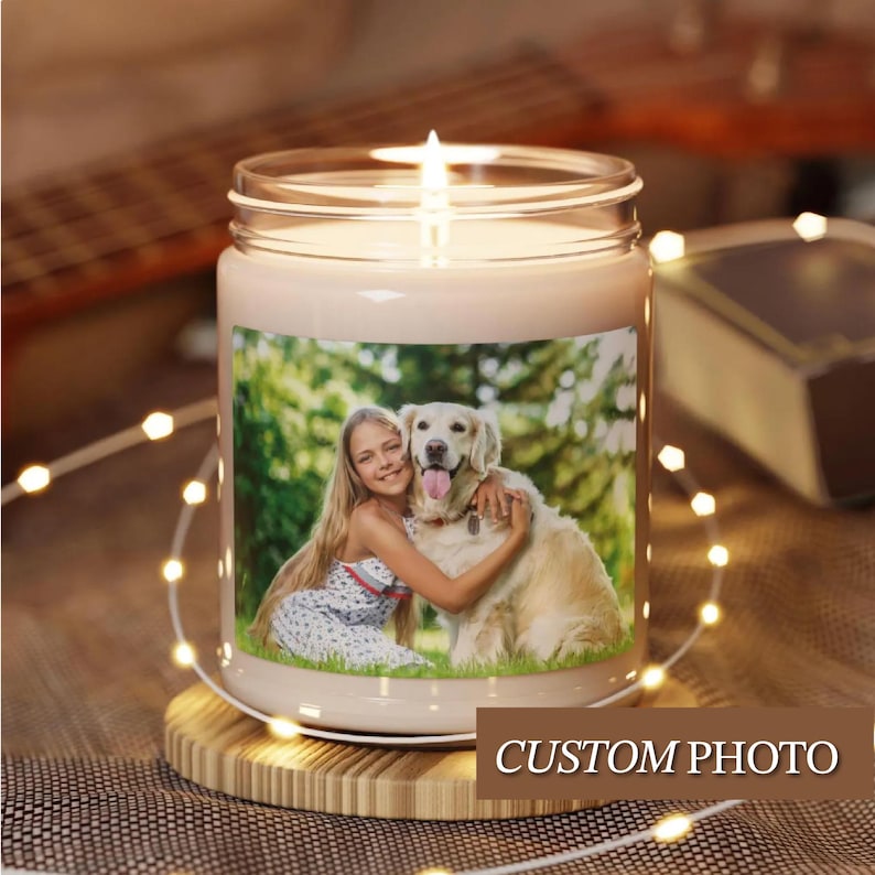 A Custom Photo Candle. Features Example Of Girl With Dog. A Family Photo Gift Or Personalized Photo Birthday Gift. A Scented Candle Anniversary Gift. A Picture Candle Graduation Gift Idea. A Long Distance Boyfriend Gift.