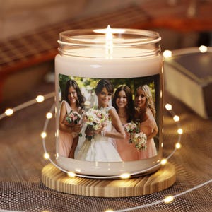 A Custom Photo Candle. Features Example Of Bride And Bridesmaids. A Family Photo Gift Or Personalized Photo Birthday Gift. A Scented Candle Anniversary Gift. A Picture Candle Graduation Gift Idea. A Long Distance Boyfriend Gift.