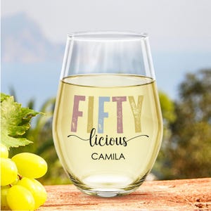Celebrate a milestone with this 50th birthday custom stemless wine glass! Featuring the fun Fiftylicious wine cup design and custom name, it makes the perfect birthday gift for women. This personalized wine gift for friend is a thoughtful way to mark the occasion and is an ideal turning 50 gift for her or a unique 50th birthday keepsake.