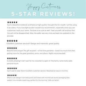 May include: Five-star reviews for a product. The reviews highlight the product's quality, design, and customer service.  The reviews mention a notebook, a gift, a mug, and a personalized item.