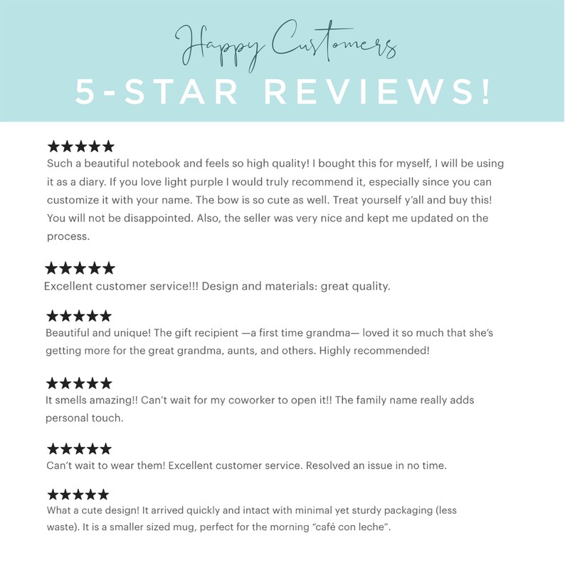 May include: Five-star reviews for a product. The reviews highlight the product's quality, design, and customer service.  The reviews mention a notebook, a gift, a mug, and a personalized item.