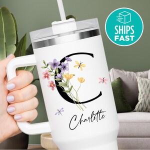 Personalized 40oz Tumbler Birthday Gift Custom Initial Floral Tumbler Mom Gift Custom Name Tumbler Cup Grandma Gift Wildflower Lover Gift