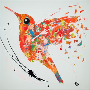 Original acrylic painting, hummingbird, wall decor, wall hanging, colourful
