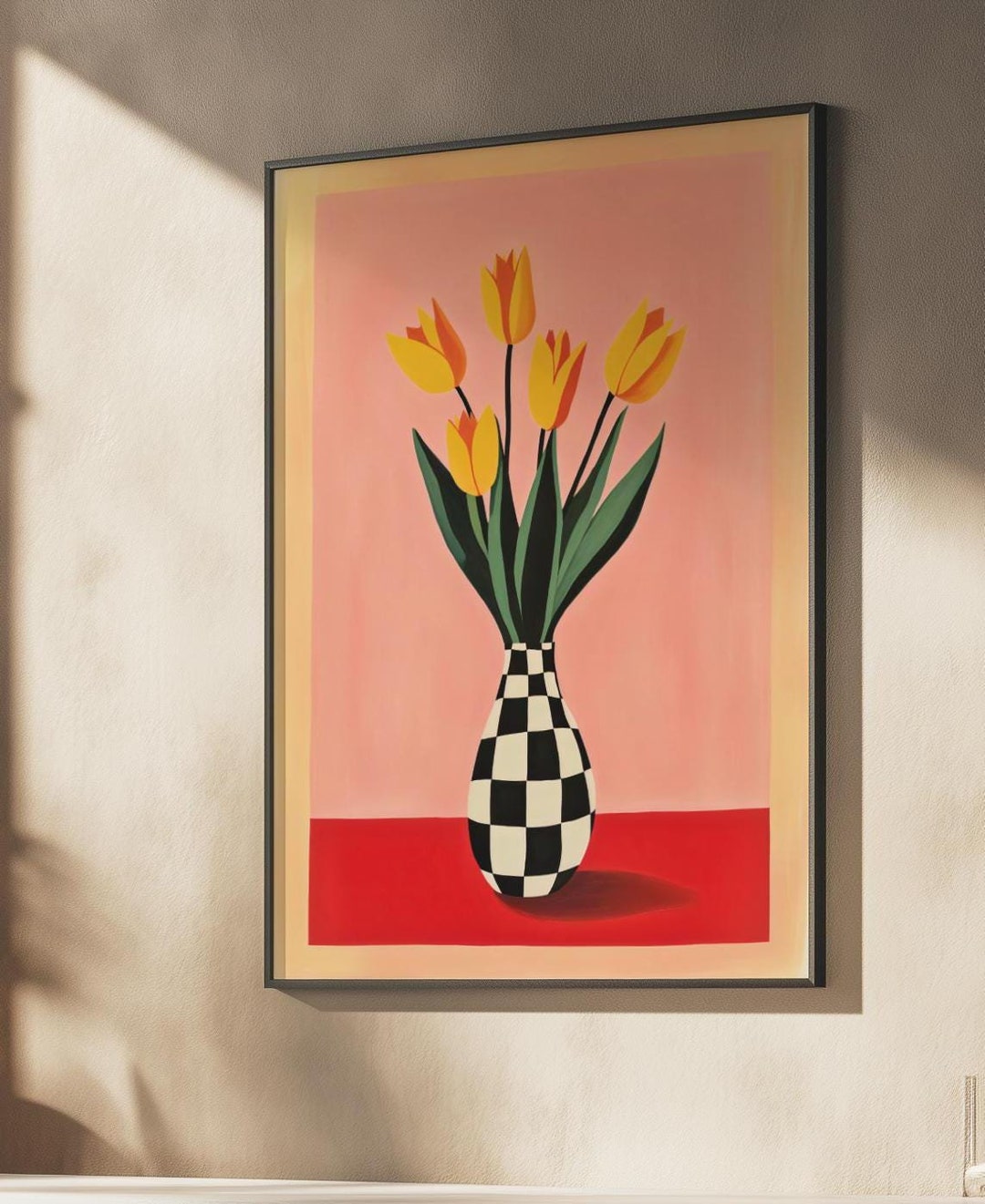 3 Style Poster Wall Art, Bold Tulip Wall Art Yellow Tulip in Checkered ...
