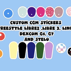 Può includere: Una collezione di adesivi CGM personalizzati per Freestyle Libre 2, Libre 3, Lingo, Dexcom G6, G7 e Stelo. Gli adesivi presentano vari colori solidi, tra cui verde, blu, rosso, arancione, giallo, nero e viola, insieme a disegni a motivi.