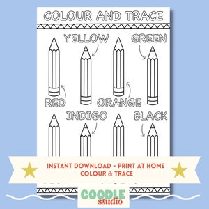 Hoja para colorear para aprender los colores: trazar letras, combinar colores, actividad educativa imprimible para niños antes de escribir