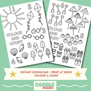 May include: Black and white printable coloring page with summer themed images and numbers 1 through 10. The text "Colour and Count" is included on the page.