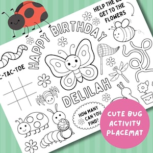 Bug Birthday Coloring Placemat: Insect theme Party Activity (Personalized PDF Download)