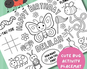Bug Birthday Coloring Placemat: Insect theme Party Activity (Personalized PDF Download)