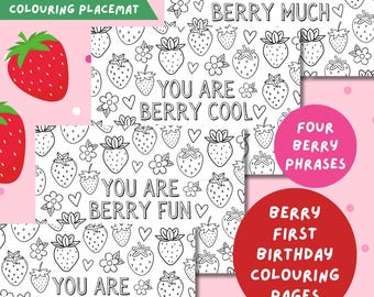 Strawberry First Birthday Colouring Pages bundle: Berry Birthday Party Activity (PDF digital download)