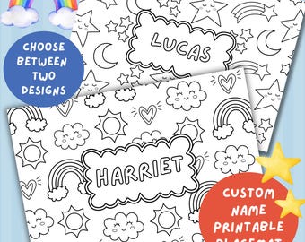 Personalized Name stars and rainbows Colouring Placemat: Kids Birthday Party Favor (PDF digital download)