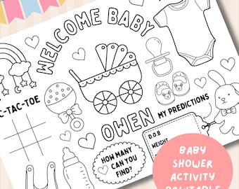 Custom Baby Shower Coloring Placemat: Printable welcome to the world baby Activity Sheet (Personalizable)